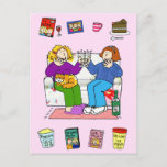 Happy Birthday for Female Friend. Postcard<br><div class="desc">Two cartoon girl friends sitting on a sofa drinking wine,  one girl ahs a cat on her knee. The girls are surrounded by all the things that they love!</div>