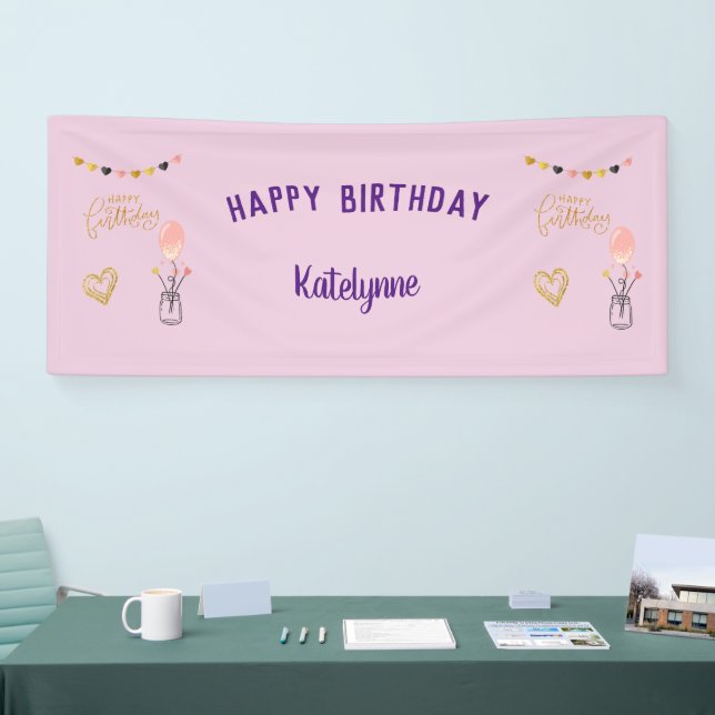 Happy Birthday for Her Personalized Heart Balloons Banner (Tradeshow)