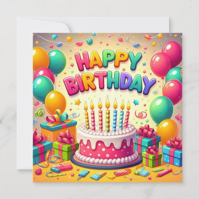 Happy Birthday for Kids - Colorful Balloons Cake Invitation (Front)