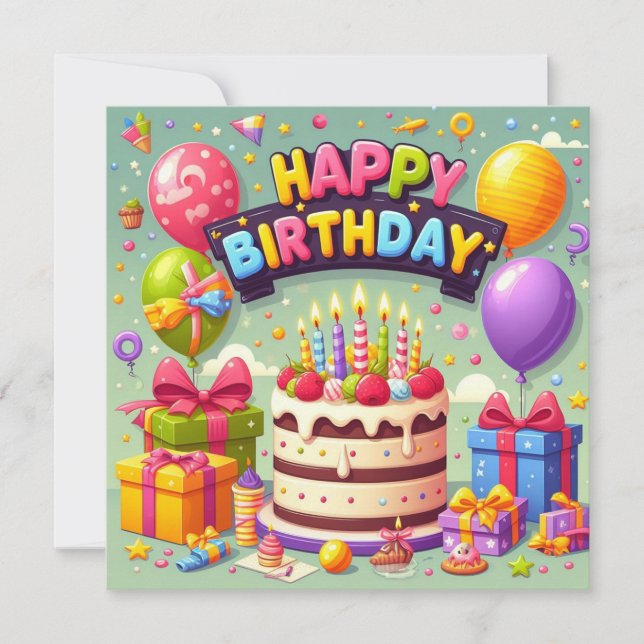 Happy Birthday for Kids - Colorful Balloons Cake Invitation (Front)
