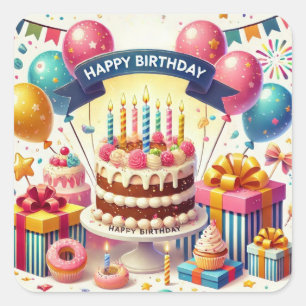 Happy Birthday for Kids - Colorful Balloons Cake Square Sticker