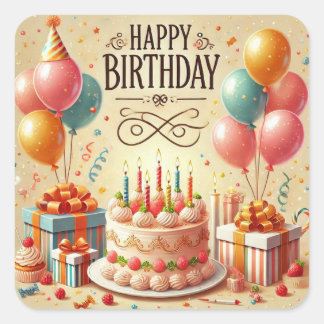 Happy Birthday for Kids - Colorful Balloons Cake Square Sticker