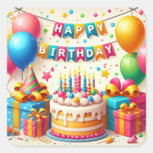 Happy Birthday for Kids - Colorful Balloons Cake Square Sticker