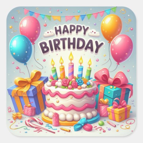 Happy Birthday for Kids _ Colorful Balloons Cake Square Sticker