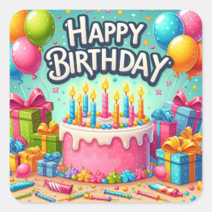 Happy Birthday for Kids - Colorful Balloons Cake Square Sticker