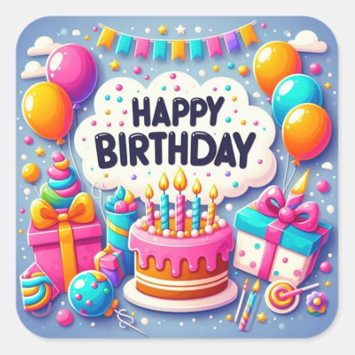 Happy Birthday for Kids _ Colorful Balloons Cake Square Sticker