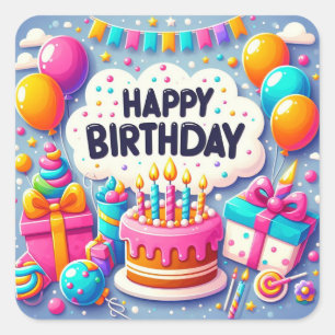 Happy Birthday for Kids - Colorful Balloons Cake Square Sticker