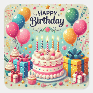 Happy Birthday for Kids - Colorful Balloons Cake Square Sticker