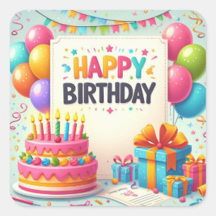 Happy Birthday for Kids - Colorful Balloons Cake Square Sticker