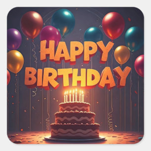 Happy Birthday for Kids - Colorful Balloons Cake Square Sticker