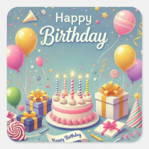 Happy Birthday for Kids - Colorful Balloons Cake Square Sticker