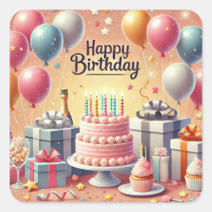 Happy Birthday for Kids - Colorful Balloons Cake Square Sticker
