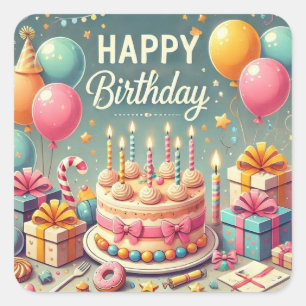 Happy Birthday for Kids - Colorful Balloons Cake Square Sticker