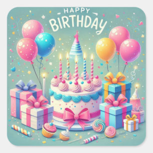 Happy Birthday for Kids - Colorful Balloons Cake Square Sticker