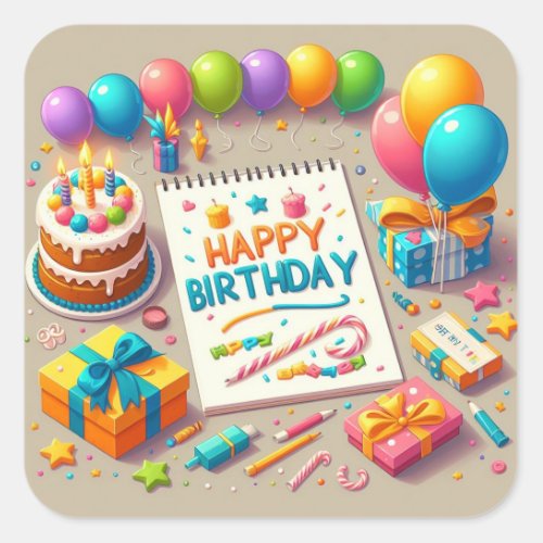 Happy Birthday for Kids _ Colorful Balloons Cake Square Sticker