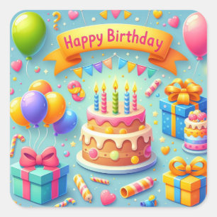 Happy Birthday for Kids - Colorful Balloons Cake Square Sticker