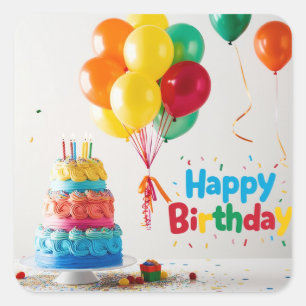 Happy Birthday for Kids - Colorful Balloons Cake Square Sticker