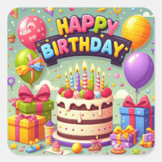 Happy Birthday for Kids - Colorful Balloons Cake Square Sticker