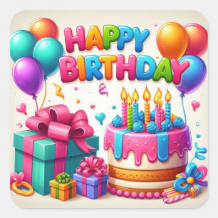 Happy Birthday for Kids - Colorful Balloons Cake Square Sticker