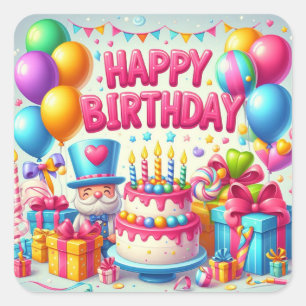 Happy Birthday for Kids - Colorful Balloons Cake Square Sticker