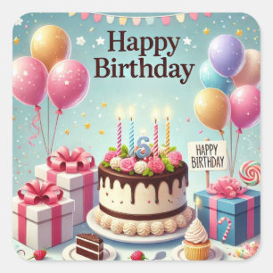 Happy Birthday for Kids - Colorful Balloons Cake Square Sticker