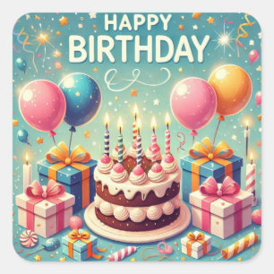 Happy Birthday for Kids - Colorful Balloons Cake Square Sticker