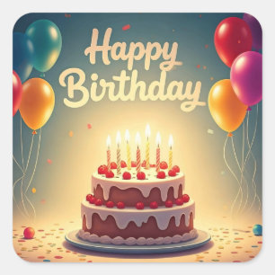 Happy Birthday for Kids - Colorful Balloons Cake Square Sticker