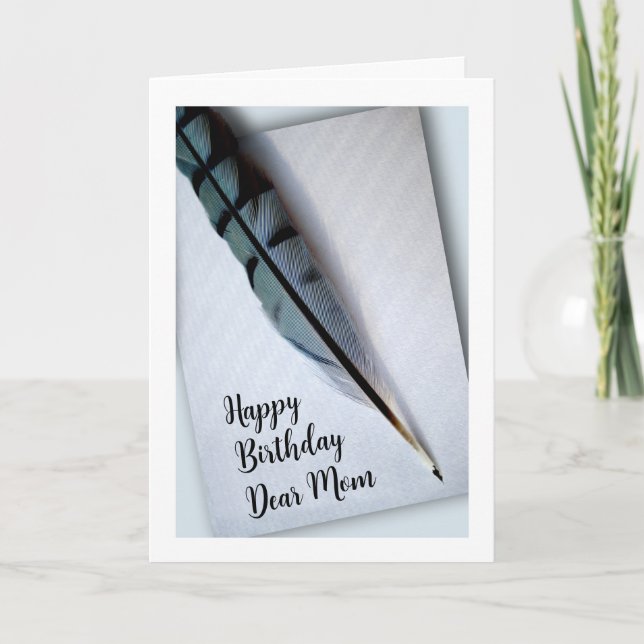 Happy Birthday for Mom Blue Jay Feather Card (Front)