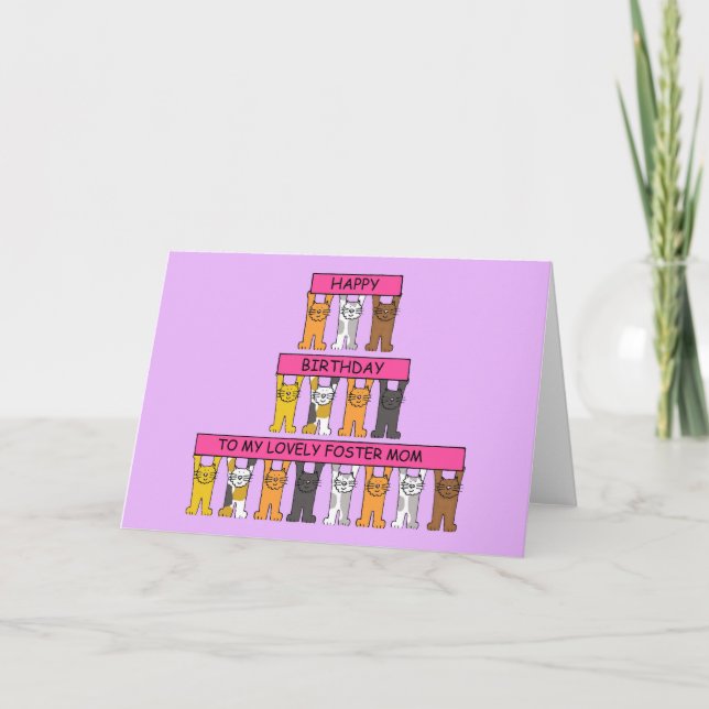 Happy Birthday Foster Mom Cartoon Cats Card (Front)