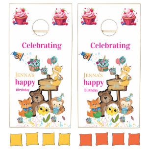 Happy Birthday Fox Bird Chicks Cat Cornhole Sets