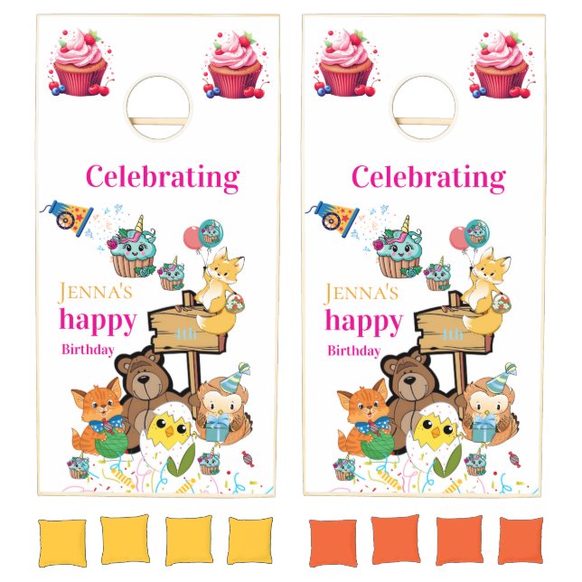 Happy Birthday Fox Bird Chicks Cat Cornhole Sets  (Set)
