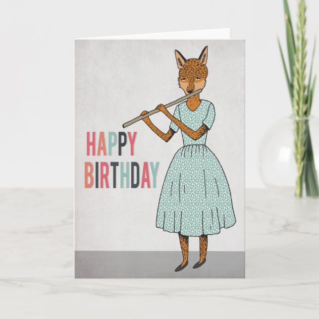 Happy Birthday - Fox Plays Flute Illustrated Card (Front)