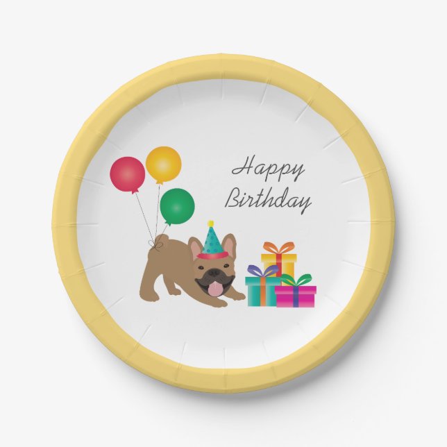Happy Birthday French Bulldog Colorful Paper Plates (Front)