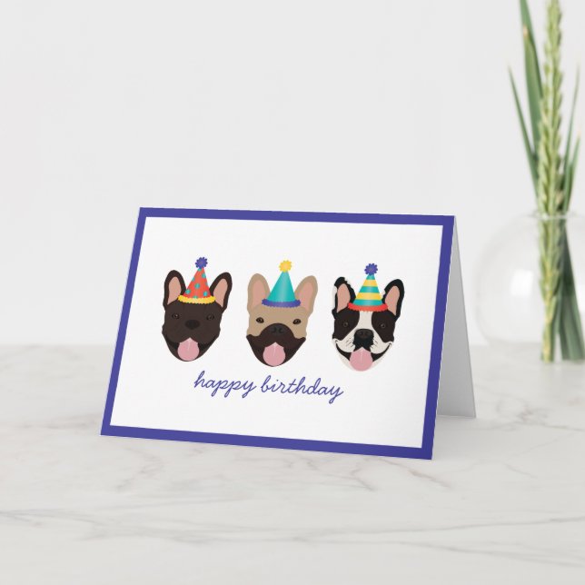 Happy Birthday French Bulldog Party Hats Card (Front)