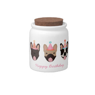 Happy Birthday French Bulldog Party Hats Pink Candy Jar