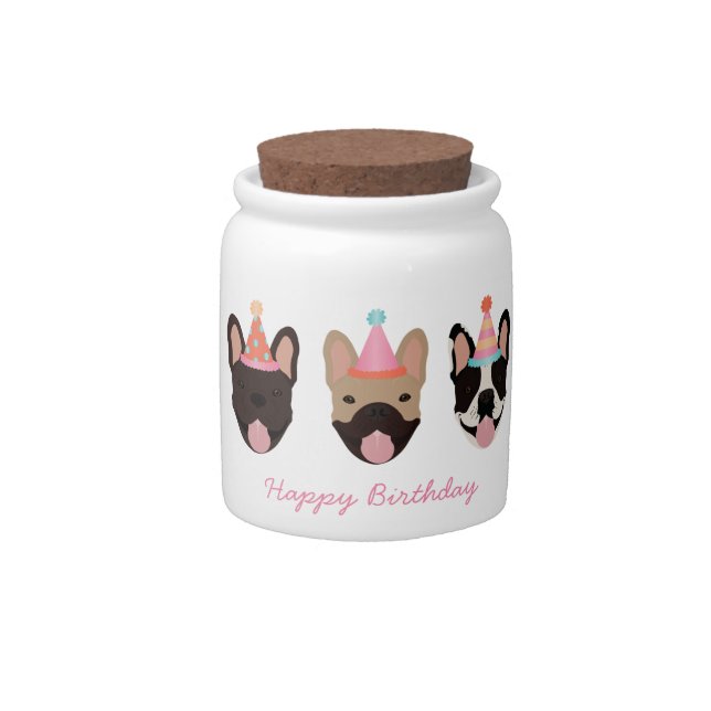 Happy Birthday French Bulldog Party Hats Pink Candy Jar (Front)