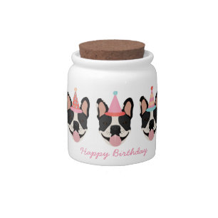 Happy Birthday French Bulldog Party Hats Pink Candy Jar