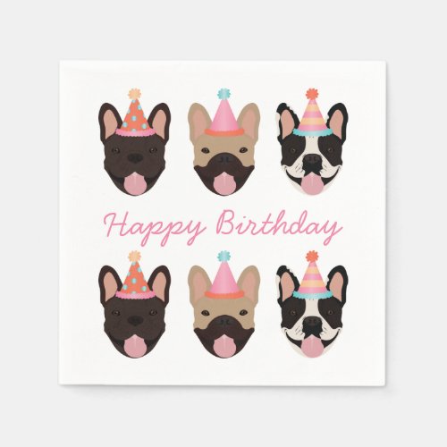 Happy Birthday French Bulldog Party Hats Pink Napkins