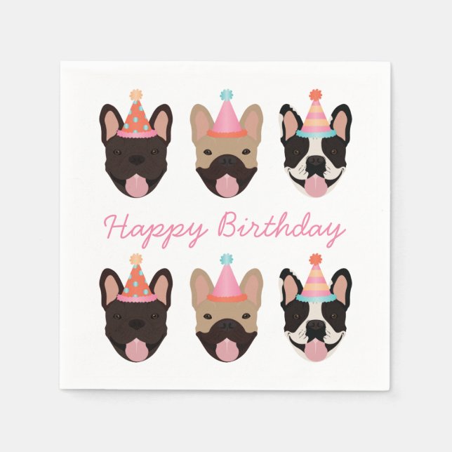 Happy Birthday French Bulldog Party Hats Pink Napkins (Front)