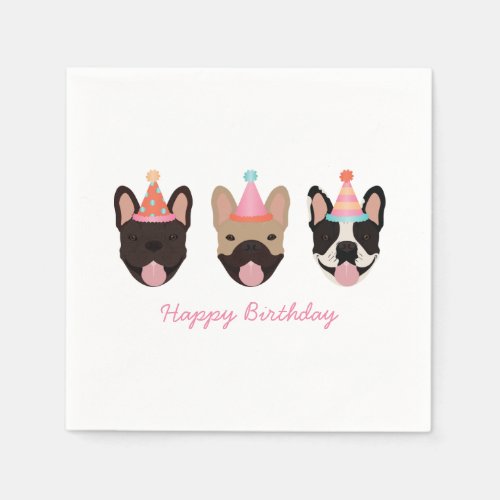 Happy Birthday French Bulldog Party Hats Pink Napkins