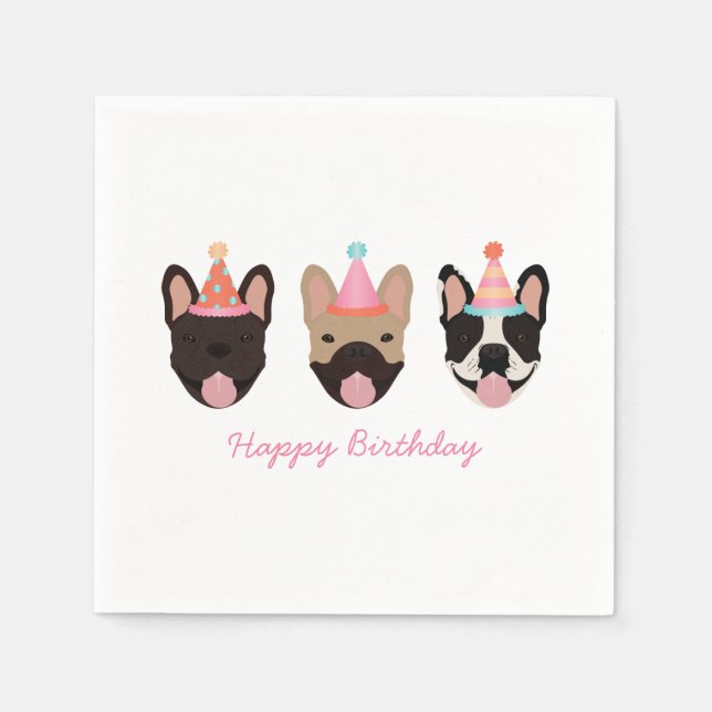 Happy Birthday French Bulldog Party Hats Pink Napkins (Front)
