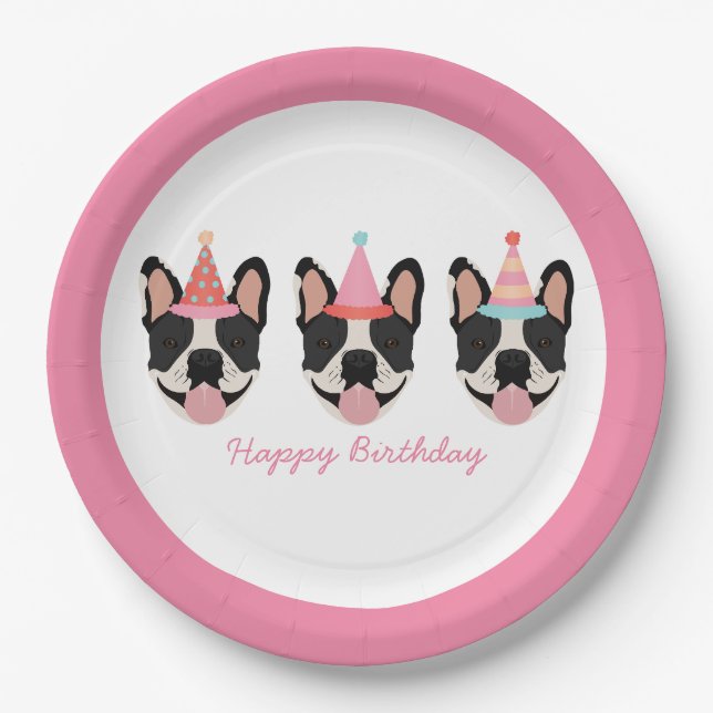 Happy Birthday French Bulldog Party Hats Pink Paper Plates (Front)