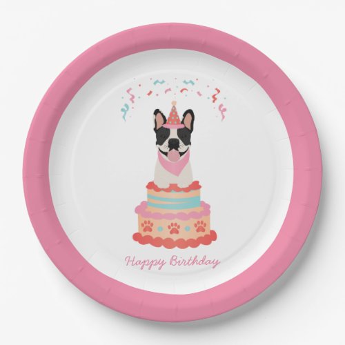 Happy Birthday French Bulldog Party Hats Pink Paper Plates