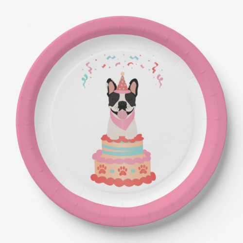 Happy Birthday French Bulldog Party Hats Pink Paper Plates