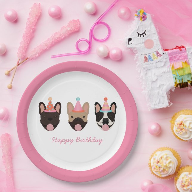 Happy Birthday French Bulldog Party Hats Pink Paper Plates (Party)