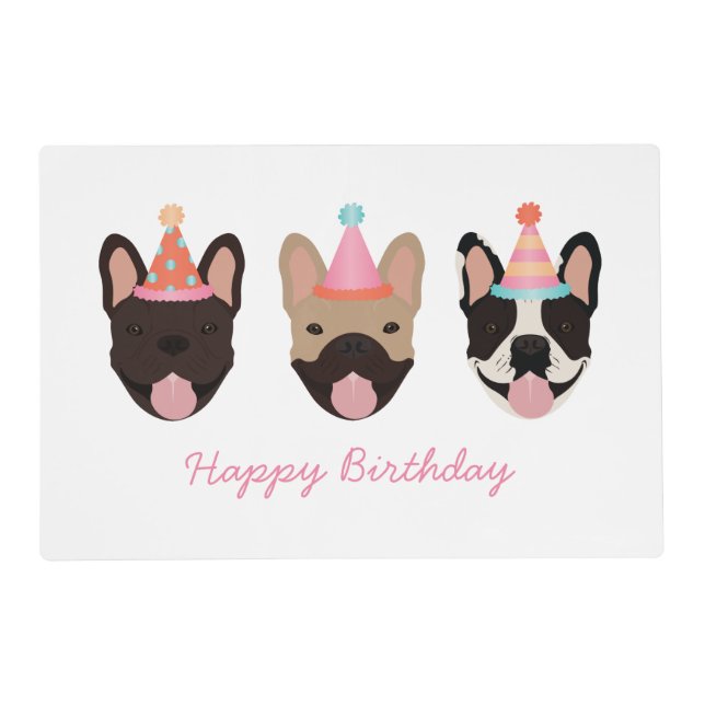 Happy Birthday French Bulldog Party Hats Pink Placemat (Front)