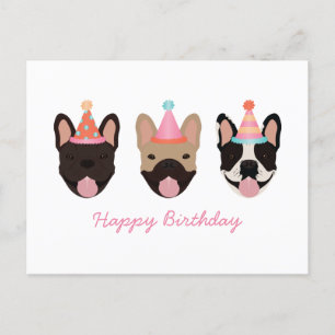 Happy Birthday French Bulldog Party Hats Pink Postcard