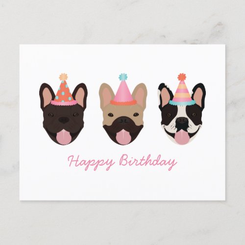 Happy Birthday French Bulldog Party Hats Pink Postcard