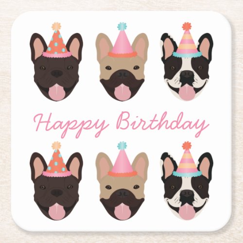 Happy Birthday French Bulldog Party Hats Pink Square Paper Coaster