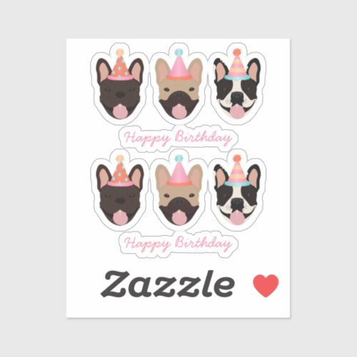 Happy Birthday French Bulldog Party Hats Pink Sticker